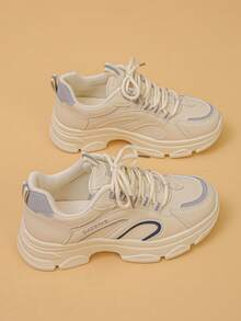 Women's Platform Sneakers With Geometric Pattern, Preppy College Style Casual Sporty Geometric Design, Suitable For Spring And Autumn - Beige - View 7