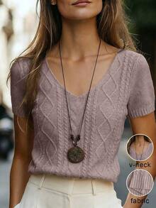 Blusa de punto ajustada con cuello en V y manga corta, color albaricoque, con detalle de trenzado, uso diario minimalista - Morado - Ver 8