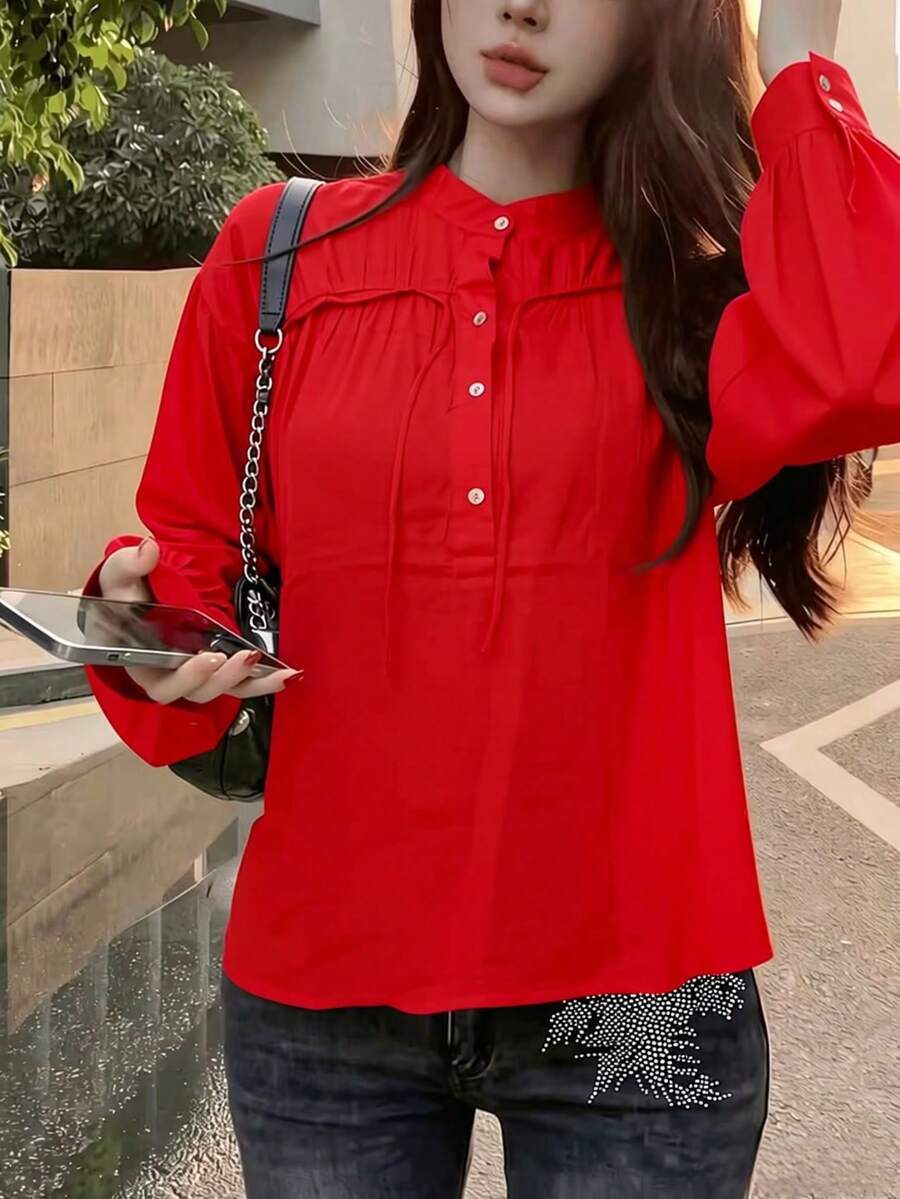 Black Long-Sleeved Shirt With A High Collar And Pleats, Elegant And Versatile Style - 紅色 - 查看 1