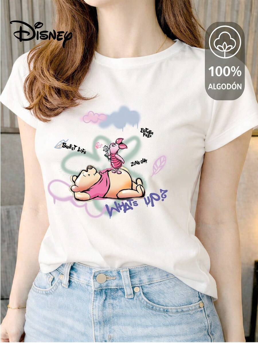 Women's T-Shirt Made Of 100% High-Quality Cotton, This T-Shirt Guarantees Exceptional Softness To The Touch, Round Neck With "Disney Winnie The Pooh & Piglet Sweet Life" Print And Short Sleeves - 白色 - 查看 1