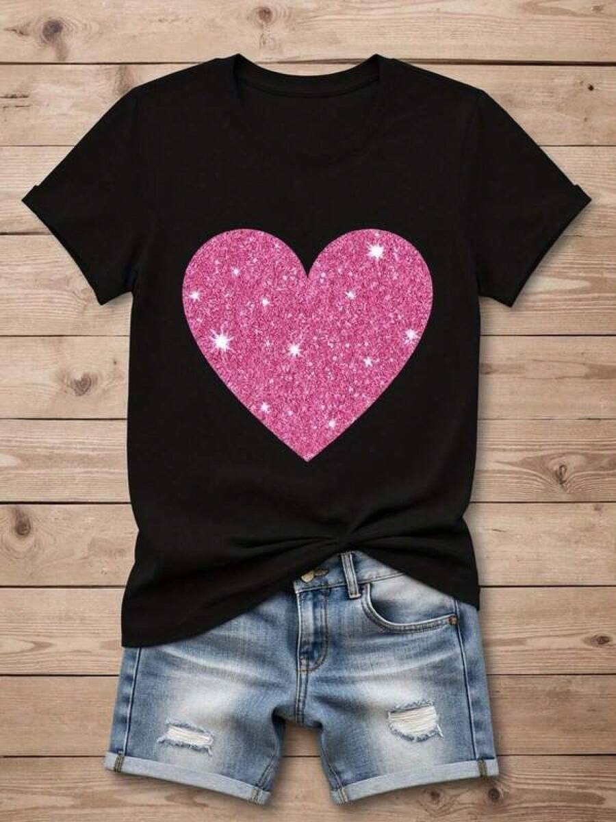 Camisetas Para Mujer AlgodónCamiseta única Y2K con diseño de corazón brillante en color rosa, perfecta para resaltar tu estilo. Ideal para combinar con tus jeans favoritos, un must en  de moda en México, siente la energía y el amor en cada uso. mundial 2026 - Negro - Ver 1