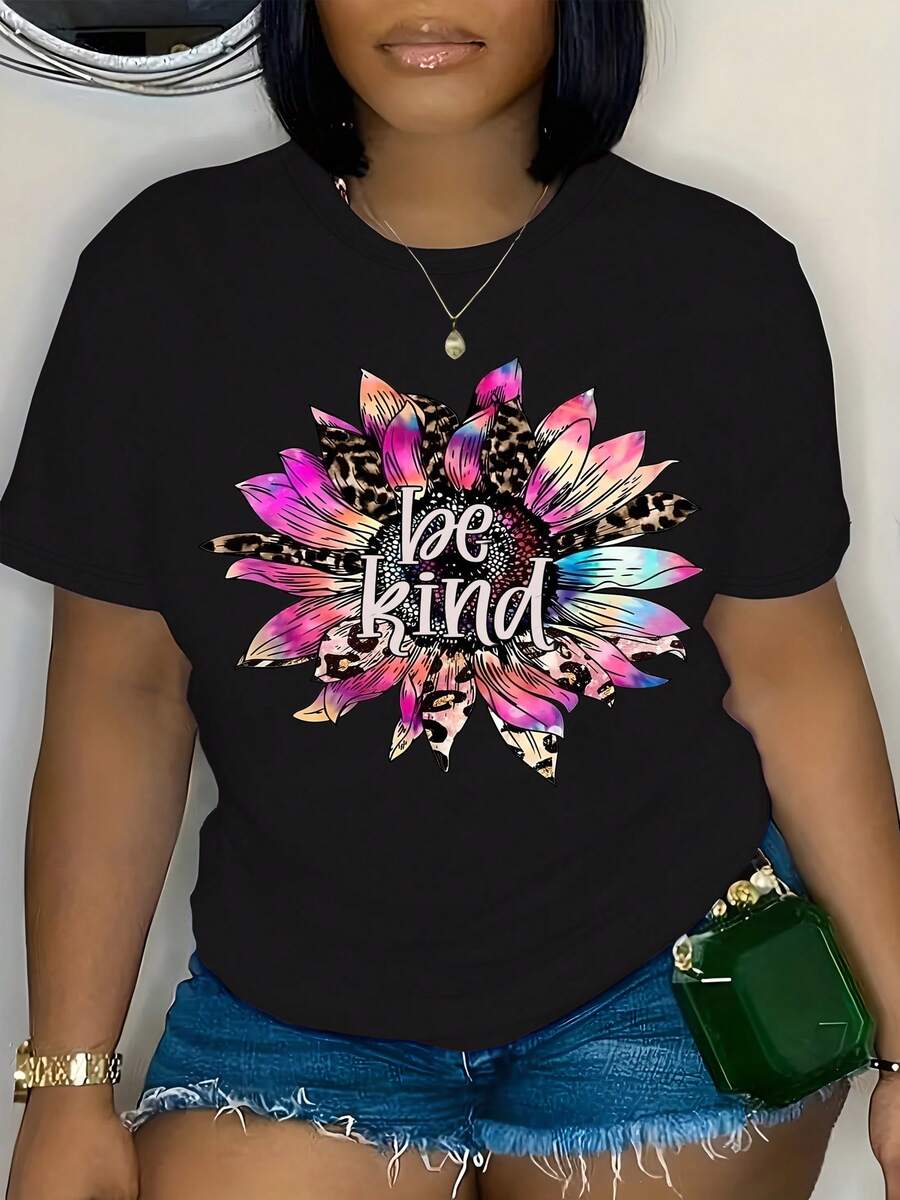 Camiseta Gráfica Be Kind para Mujer Talla - Negra con Diseño Floral Rosa y Morado, Cuello Redondo, Estilo Casual Diario, Tallas 0XL-4XL, Camiseta de Manga Corta de Moda Primavera/Verano, Camiseta con Lema Positivo, Tela Duradera, Estilo Veraniego - Camiseta Unisex de Algodón de Manga Corta y Cuello Redondo, Estilo Vintage Urbano y Holgado - Negro - Ver 1