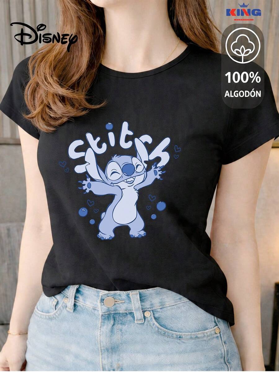 This High-Quality 100% Cotton T-Shirt Guarantees Exceptional Softness To The Touch, A Round Neck With A "Disney Stitch Joy" Print, And Short Sleeves. - 黑色 - 查看 1