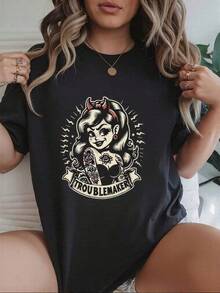 Camisetas Para Mujer AlgodónCamiseta gráfica audaz para mujer estilo rebelde con diseño de chica vintage y devoradora de problemas, ideal para ocasiones casuales o eventos de moda. Disponible en talla M/L - color negro. Ropa femenina de  y alta demanda. mundial 2026 - Negro - Ver 1