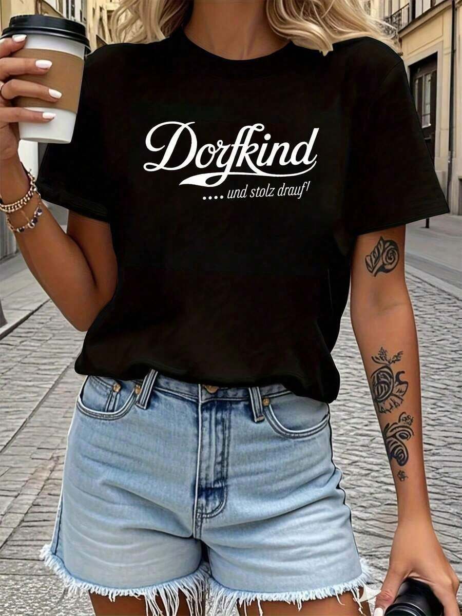 Dorfkind Und Stolz Drauf Women's T-Shirt With Letter Print, Short Sleeve, Round Neck, Casual Top For Summer And Spring, Women's Clothing - 黑色 - 查看 1