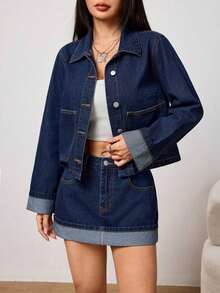 PETITE Conjunto de chaqueta vaquera y minifalda de mezclilla lavada, elegante y casual para uso diario de mujer en invierno y verano - Azul lavado oscuro - Ver 2