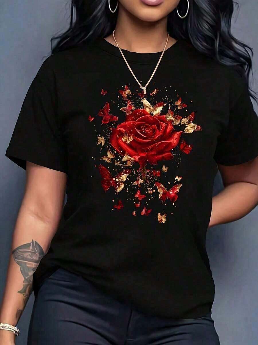 Under The Radarropa Women's 1-Piece Set. Soft 100% Cotton Fabric. Casual Women's Sports T-Shirt With A Floral Print Of Red Roses And Butterflies, Crew Neck, Short Sleeves, Regular Length, All-Season T-Shirt. Unisex Loose-Fitting Cotton T-Shirt With Short Sleeves And A Crew Neck In An Urban Vintage Style. - 黑色 - 查看 1