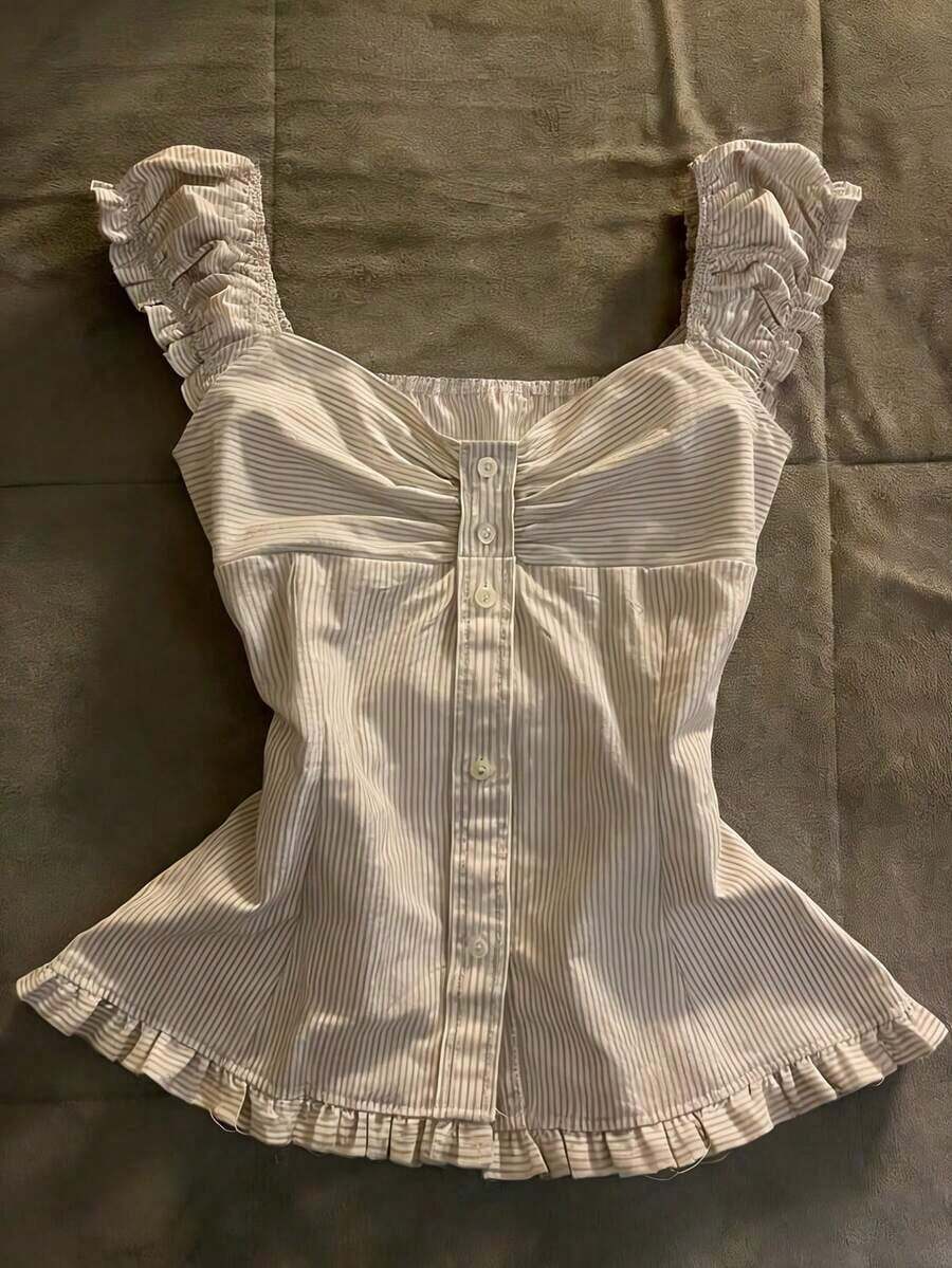 Blusa de mujer con volantes y rayas de solapa única - Multicolor 2 - Ver 1