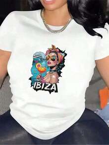Women's Short-Sleeve T-Shirt With Ibiza Beach Design | Lightweight And Casual Clothing For Parties, Holidays Or Everyday Wear, Comfortable And Durable, Perfect For Summer Outings And Festivals. Women's Casual Short Sleeve T-Shirt Solid Color Basic Tee Top Blouses For Women Shirt 100% Cotton - 白色的 - 查看 6