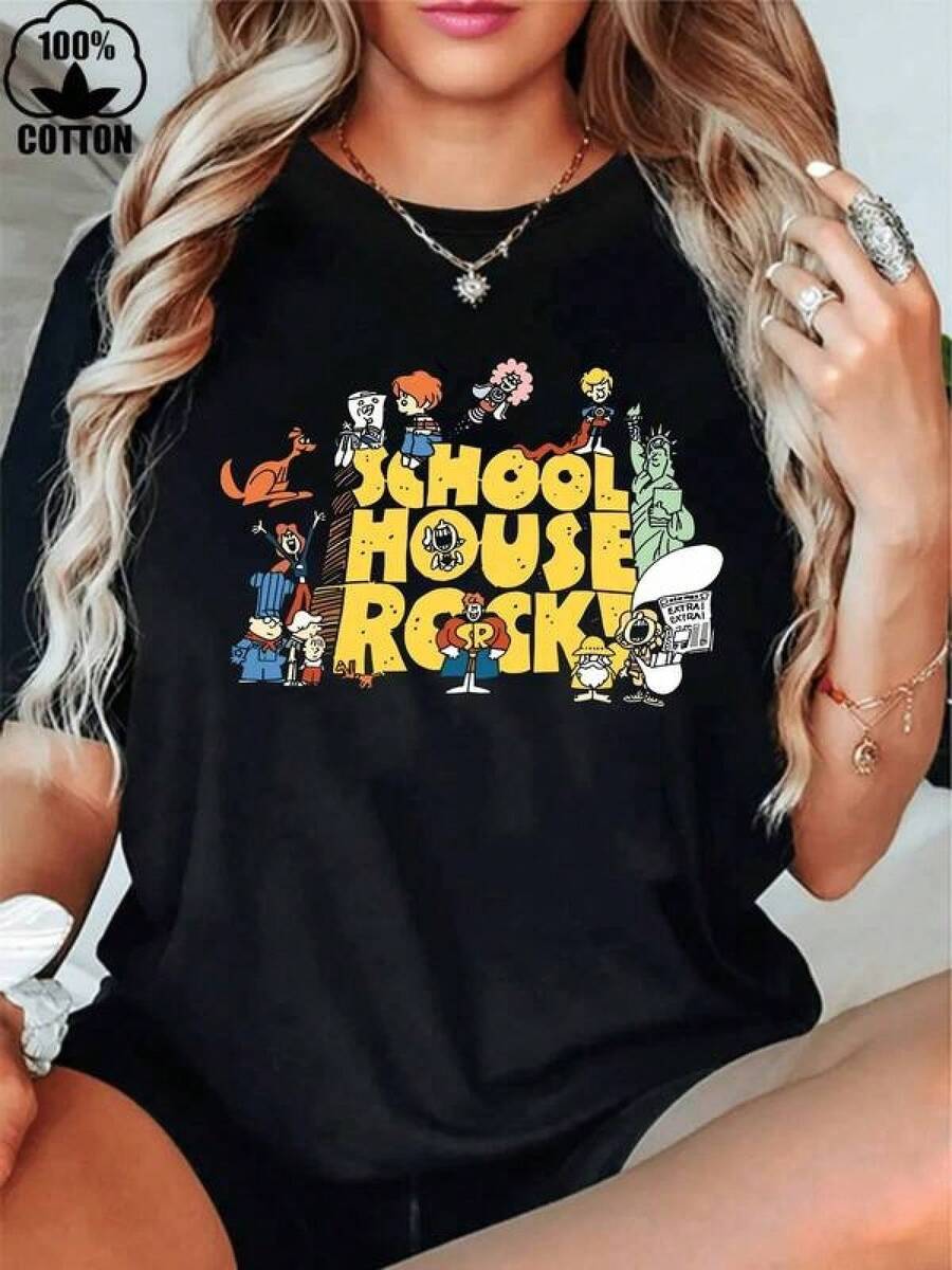 Women's 70s Cartoon Retro T-Shirt With Schoolhouse Rock Logo, 180g Heavy Cotton T-Shirt For Christmas, Women's Blouses, Blouses, Casual Blouses For Women, Tops For Women, Tops, Unisex. - 黑色 - 查看 1
