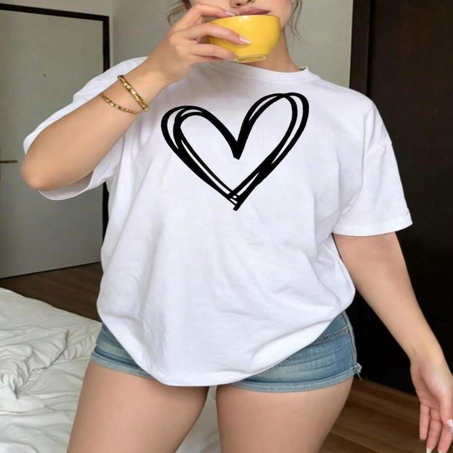 Women's Casual White Regular Short Sleeve Round Neck Cotton T-Shirt With Sketch Heart Print - 白色 - 查看 1