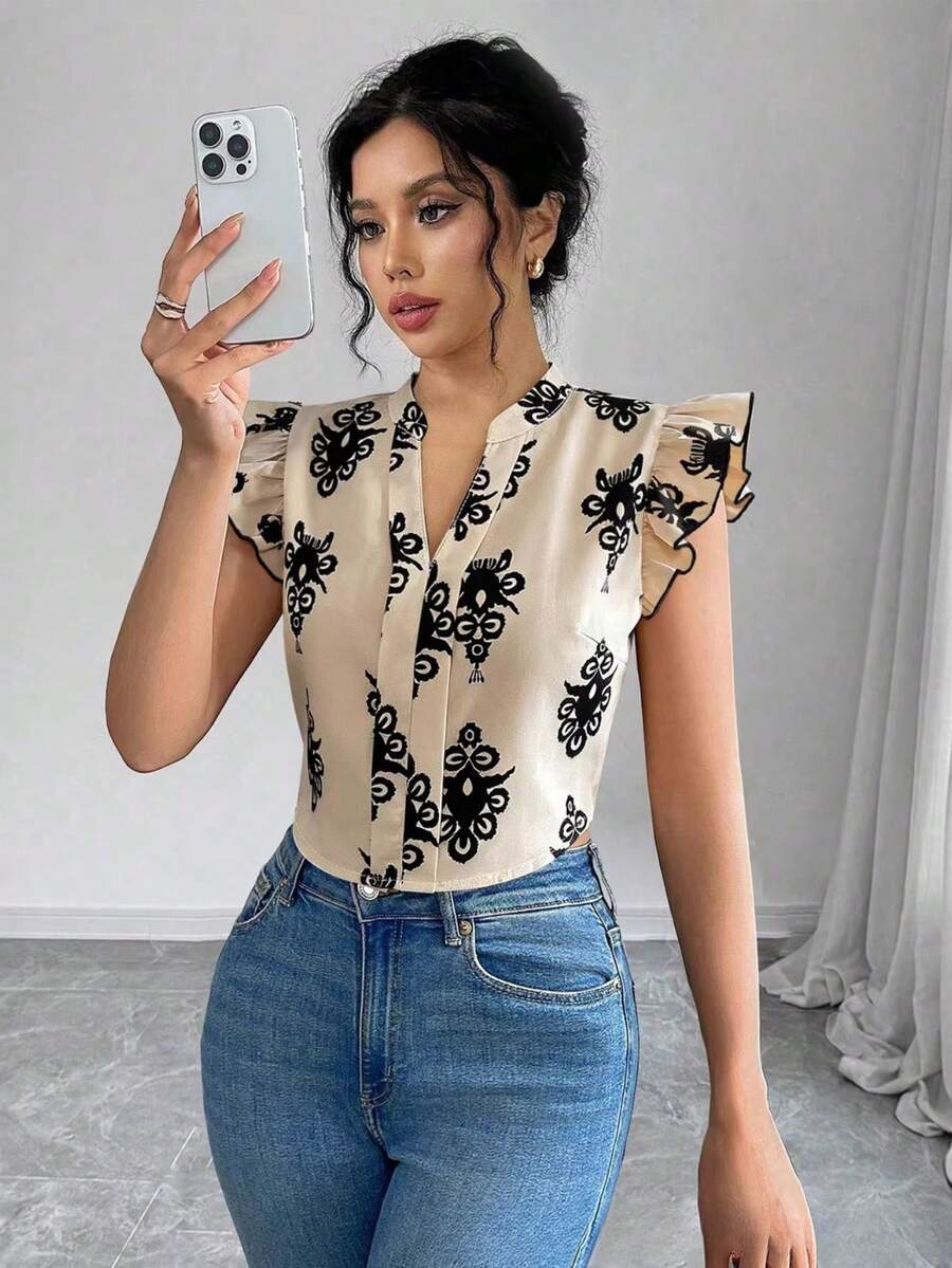 Blusa corta de cuello V con botonadura simple, mangas cortas aladas con volantes y estampado, nueva colección mujer 2026 estilo europeo americano - Albaricoque 1 - Ver 1