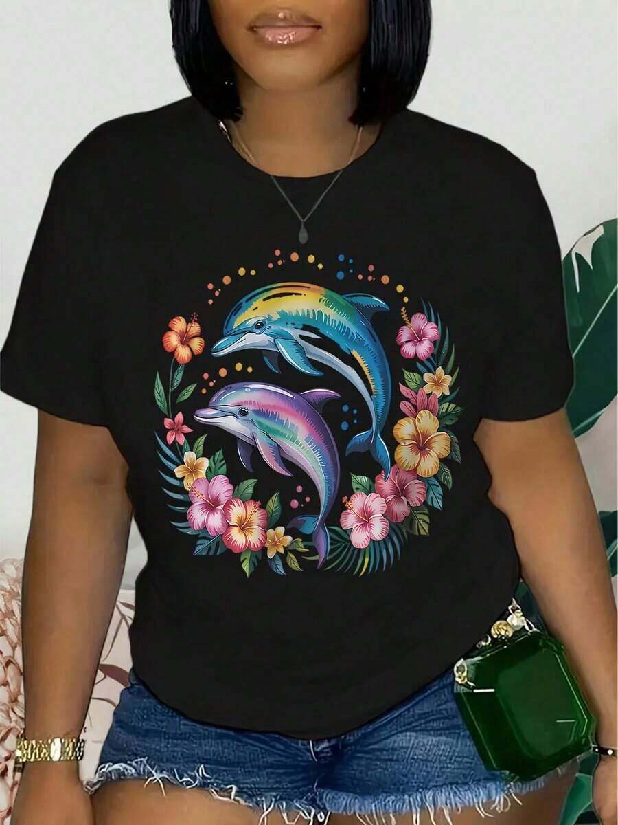 Women's White Crew Neck T-Shirt - Soft And Stretchy Fabric, Casual T-Shirt For Everyday Wear, Beach Outfits, Parties And Gifts - Machine Washable, Essential Top For Spring And Summer, T-Shirt With Vibrant Graphics, Comfortable Fit, Women's T-Shirts - 黑色 - 查看 1