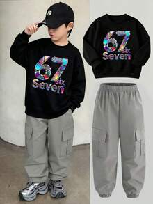 Tween Boy Letter & Number Print Crew Neck Sweatshirt And Cargo Jogger Pants Set - Light Grey - View 1