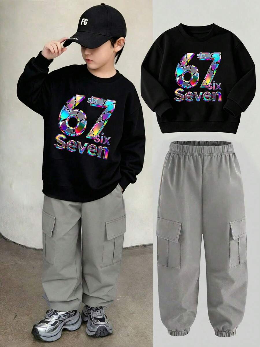 Tween Boy Letter & Number Print Crew Neck Sweatshirt And Cargo Jogger Pants Set - Light Grey - View 1