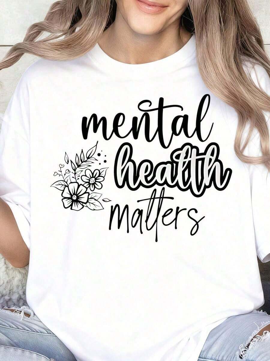 "Mental Health Matters" Floral Design T-Shirt For Women And Girls, Promotes Mental Wellbeing Awareness, Perfect For Everyday Wear And Mental Health Awareness Month, 100% Pure Cotton, Women's T-Shirt - 白色 - 查看 1