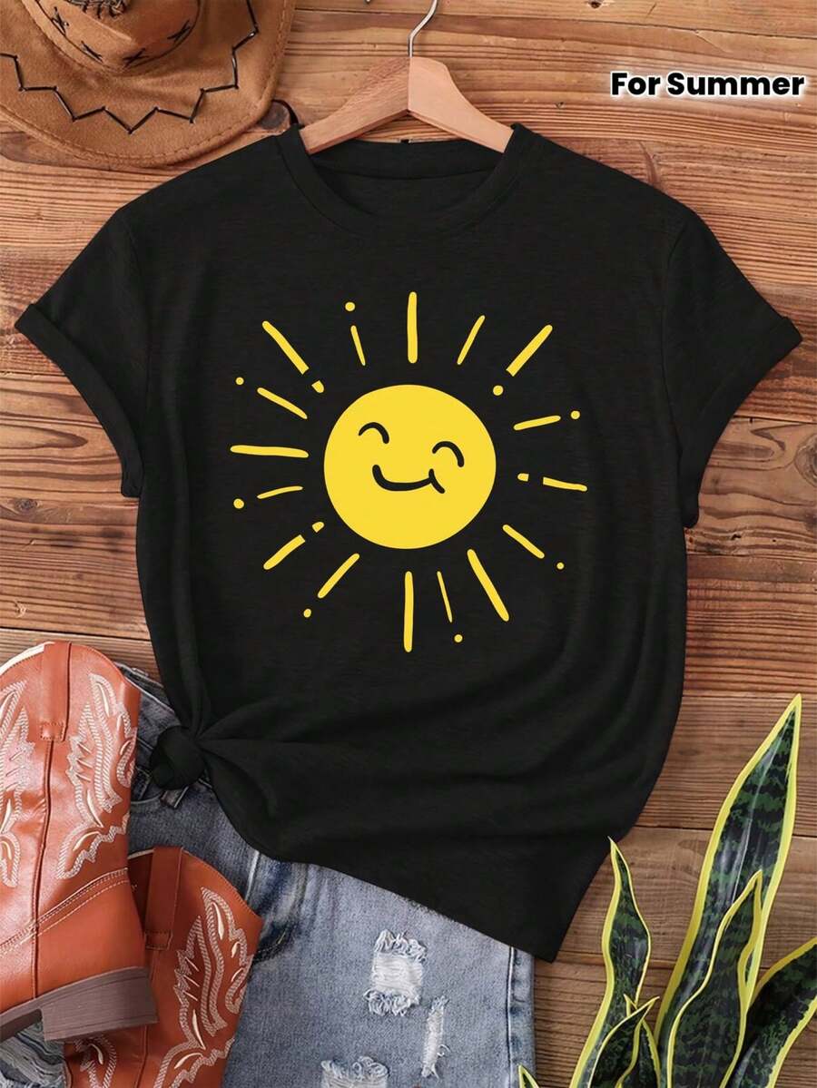 Camiseta con Estampado de Sol Sonriente, Manga Corta, Cuello Redondo, Top Casual para Verano y Primavera, Ropa de Mujer - Negro - Ver 1