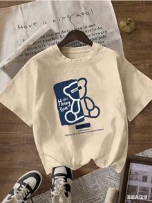 Blue And White Line Bear "Happy Bear" T-Shirt, Fashionable Short-Sleeved T-Shirt For Spring And Summer 2026, Made In Mexico, 180 Grams. Cartoon Print, Couple Design, Suitable For Indoor Or Outdoor Wear. Crew Neck, Unisex, Ideal For Office And Leisure. One-Pack. - APR-P631577SLNDXZGY648 - 查看 4