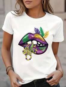 Women's T-Shirt With Carnival Print - Short Sleeve, Polyester Fabric, Casual Comfort, Machine Washable, Semi-Sheer, Round Neck, Party Wear For All Seasons, Women's T-Shirt - 白色 - 查看 7
