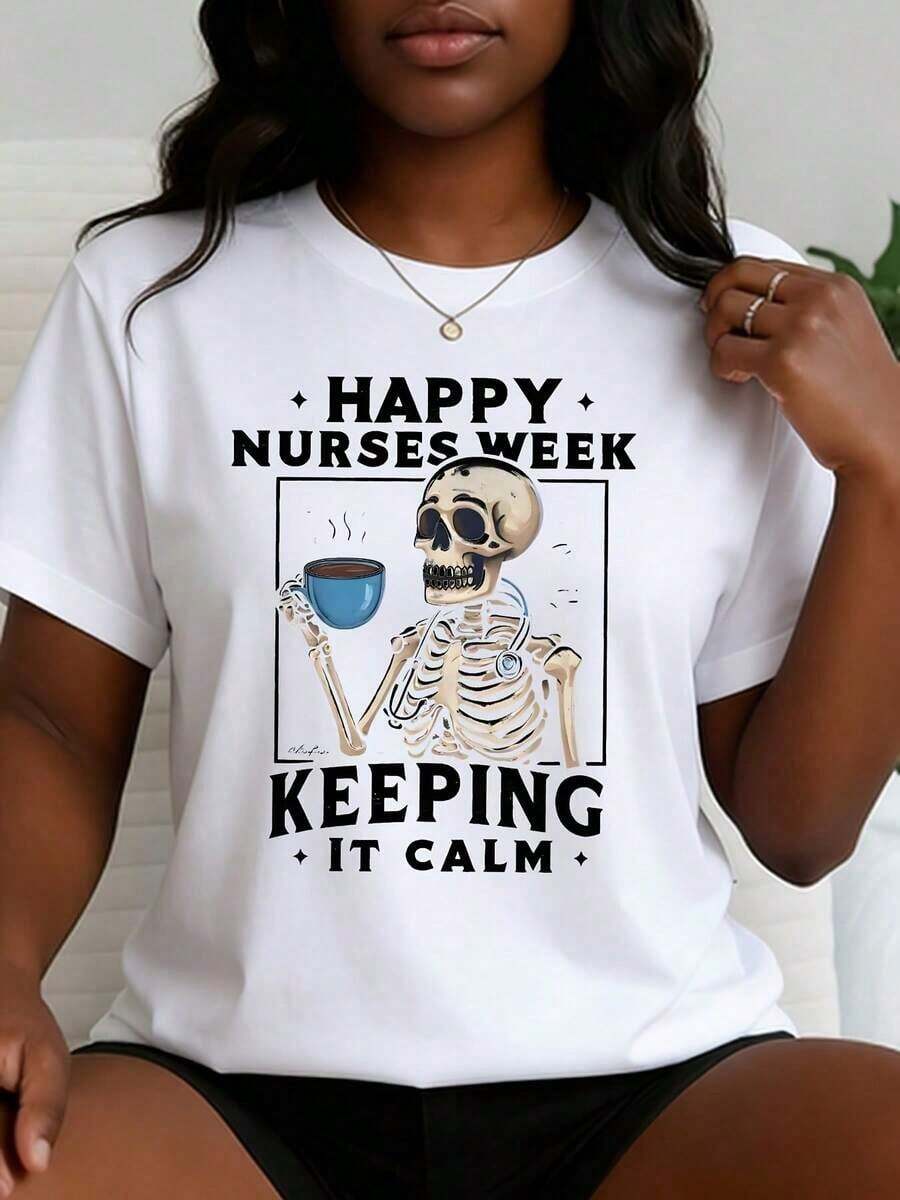Camiseta de estilo casual para mujer con diseño de esqueleto y café para mantener la calma, ideal para la Semana de las Enfermeras. Regalo perfecto para profesionales de la enfermería en primavera y verano, para celebrar el Día Internacional de las Enfermeras en mayo. Regalo ideal para enfermeras, ropa femenina para rendir homenaje a los ángeles más hermosos en blanco. playeras de mujer - Blanco - Ver 1