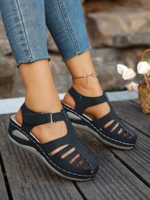 Cutout Detail Wedge Closed Toe Sandals, Women's Casual Summer Outdoor Footwear - 黑色 - 查看 5