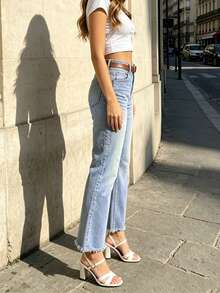 8193# Celana Jeans Pendek Wanita Kasual dengan Ujung Berumbai untuk Musim Gugur - Light Wash - View 2