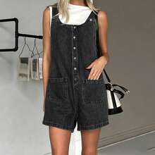 Denim Overalls Mini Dress For Women High Stretchy Adjustable Strap Jean Short Dress With Pockets, Solid Color/Camouflage/4th Of July USA Flag Print Sleeveless Suspender Dress - FZ13-Black - 查看 5