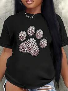 Short-Sleeved Polyester T-Shirt, Adorned With A Rhinestone Paw Print Design, Lightweight And Durable, Suitable For Lounging At Home Or Outdoor Activities, An Ideal Choice For Pet Lovers In The Living Room Or At The Park. Casual Women's Blouse - 黑色 - 查看 7