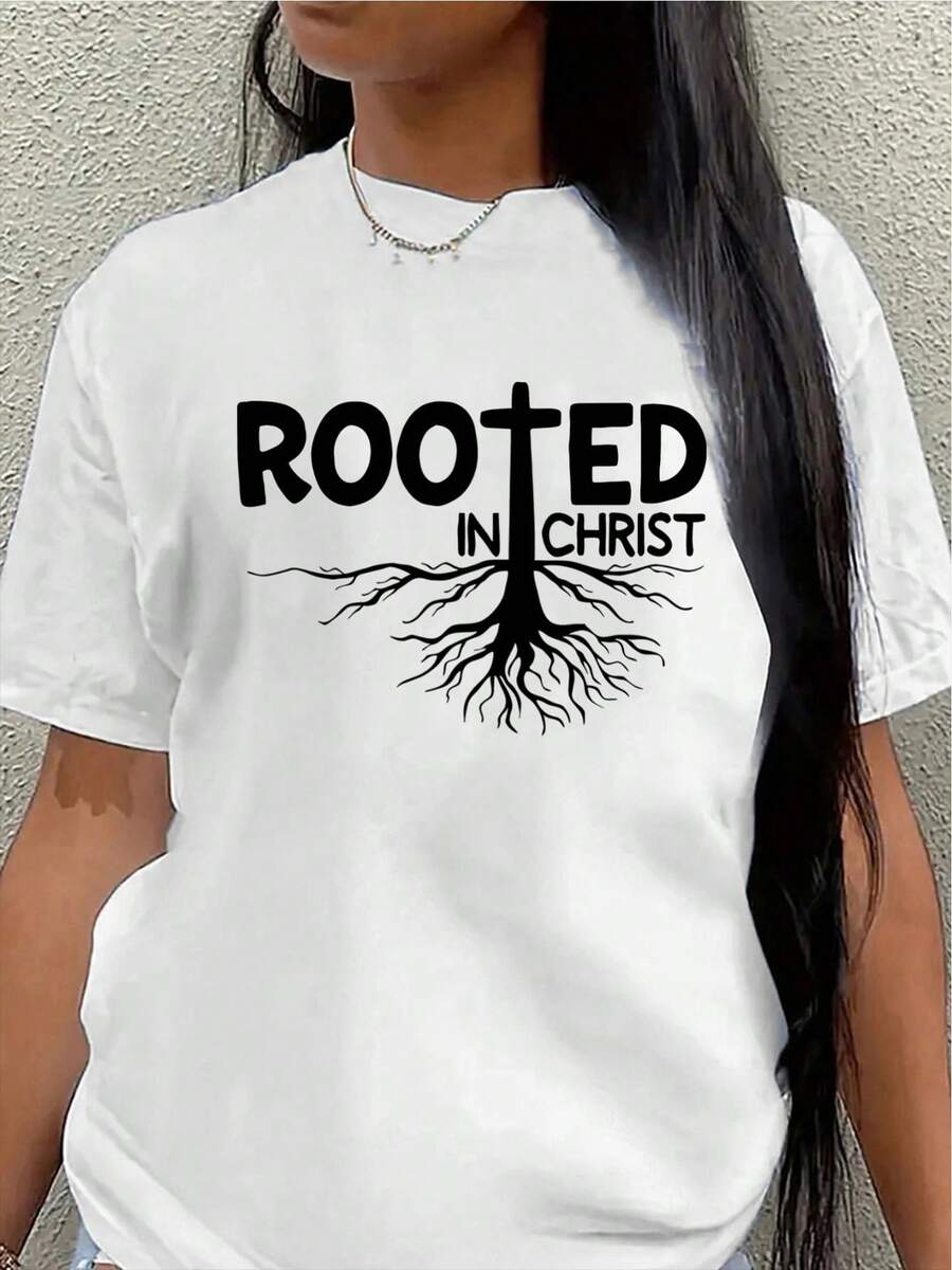 Lightweight And Durable T-Shirt, Inspired By Faith, With A Cross And Rhizome Design, Suitable For Everyday Wear, Religious Ceremonies, Or Informal Gatherings. Casual Blouse For Women - 白色 - 查看 1