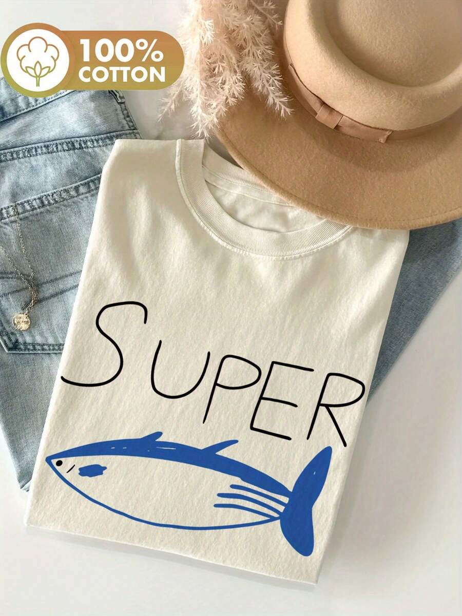 Spring And Summer Top, Minimalist Style, With Letter And Fish Print, Pure, Casual, Loose, Round Neck, Short Sleeve, Women's T-Shirt [Yang], Women's Winter Clothing. - 杏色 - 查看 1