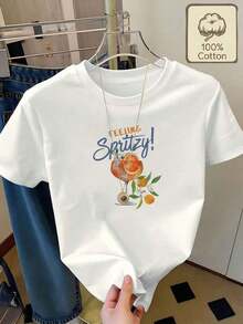 1 Piece,  Casual Printed T-Shirts For Men And Women, Latest 2026 Collection, 100% Cotton, With The Text "FEELING" And An Illustration Of An Orange Cocktail, Round Neck, Short Sleeve, Casual Summer Style, Comfortable And Breathable. Versatile, Easy To Match, For Everyday Wear, Urban Style, Vacation Outfits, Weekend Outfits. - [白色的] - 查看 1