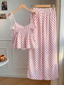 xhexheComfortcana Conjunto de 2 piezas de camiseta de tirantes y pantalones con estampado de lunares, estilo casual de primavera para mujer.Conjunto de 2 piezas de lunares lindo para verano.Conjunto de 2 piezas de lunares para Halloween.xhexhe - Rosa - Ver 2