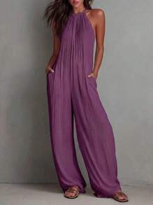 White Wide-Leg Jumpsuit With Pleats And Open Back, Perfect For A Holiday Look. - 紫色 - 查看 3