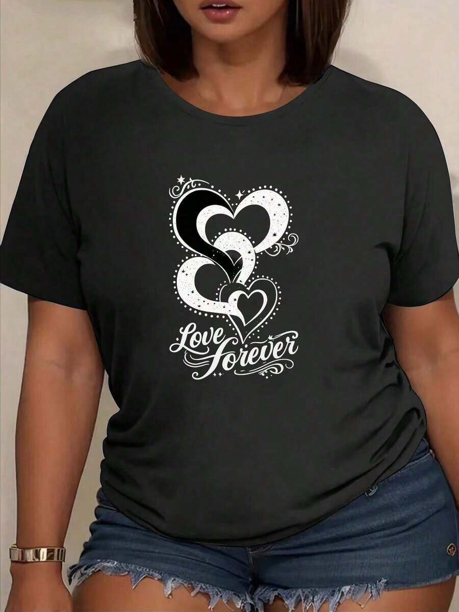 Limited Time Offer, Limited Quantity Available, Lightning, Women's Shirts, Women's T-Shirts Women's T-Shirt With Heart Print "Always Love You" | Modern, Soft And Breathable, Medium Elasticity, Machine Washable, Round Neck, Short Sleeve, New Style 2026, Ideal For Spring/Autumn. - 黑色 - 查看 1