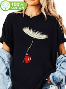 Playeras casuales de mujer Y-Ladybug, camiseta estampada con diseño de diente de león, top casual de manga corta y cuello redondo, adecuada para verano y primavera, ropa de mujer, camiseta casual de verano con estampado gráfico, manga corta, cuello redondo, suave y transpirable, para uso diario en la calle. - Negro - Ver 6