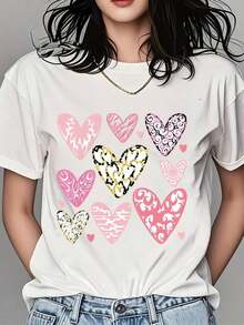 Women's Bohemian Round Neck T-Shirt, Heart Print, Short Sleeve, Casual Daily Wear, Cotton Top - 白色 - 查看 12