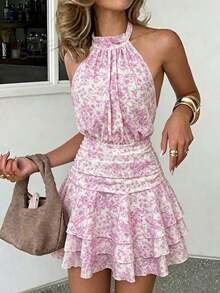 Vestido elegante y romántico de lunares en blanco y negro con cuello halter, cintura ajustada, volantes plisados, vestido corto, nuevo vestido de primavera/verano, vestido para cita de San Valentín, vestido casual de vacaciones, vestido romántico, vestido corto multicapa con volantes de primavera/verano, vestido francés, vestido de cumpleaños, vestido de vacaciones en la playa, vestido de invitada de boda, vestido elegante de fiesta - Rosa 2 - Ver 6