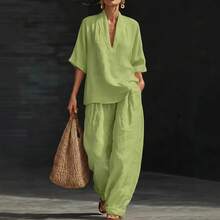 Women's Two-Piece Set, European And American Style, Spring/Summer 2026, Loose Fit, Casual, Comfortable, Simple, Solid Color - Green - View 4