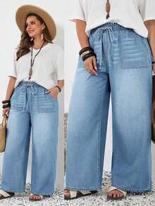 Tall CURVE Pantalones vaqueros de talla grande para mujer de primavera y verano con cintura con cordón, bolsillos, pierna ancha, sueltos, cómodos, elásticos y de tela vaquera con estiramiento - Lavado ligero - Ver 8
