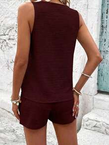 LUNE Conjunto De Camiseta Sin Mangas Y Pantalones Cortos De Color Sólido Para Mujer Con Cuello En V - Burdeos - Ver 2