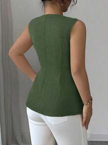 ajustado de estilo francés minimalista, versátil y cómodo con abertura frontal, adelgazante, blazer de verano para mujer de talla grande de tejido tejido elegante y sofisticado - Verde militar - Ver 2