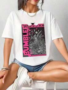 Ropa de Verano para Mujer: Blusa Elegante de Manga Corta con Estampado de Graffiti 'BUNGLE' y Patrones Abstractos Vibrantes en Rosa y Negro, Tela Cómoda y Suave, Diseño Divertido, Perfecta como Regalo para Ella. Ropa de Verano para Mujer: Blusa Elegante de Manga Corta, Holgada, Cómoda y Transpirable para Uso Diario. Transpirable y cómoda. - Blanco 2 - Ver 12