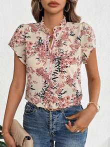 Blusa femenina fresca con estampado floral, dobladillo con volantes y frontal con lazo - Rosa - Ver 4