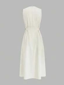 Women's Elegant Sleeveless Midi Cotton Dress, White, Fashionable Minimalist Style Suitable For Daily Commute, Spring/Summer - Apricot - View 4