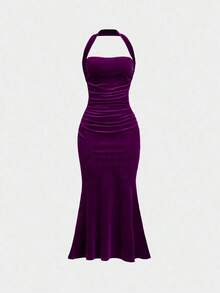 Vestido con cuello de halter y bajo de cola de sirena para mujer, vestido elegante sin espalda con pliegues sin mangas y ajuste ceñido color rosa intenso liso para fiestas y salidas nocturnas, vestido largo de mujer para primavera/verano - Morado - Ver 1
