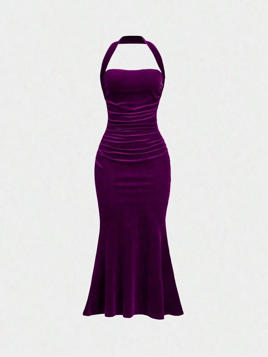 Vestido con cuello de halter y bajo de cola de sirena para mujer, vestido elegante sin espalda con pliegues sin mangas y ajuste ceñido color rosa intenso liso para fiestas y salidas nocturnas, vestido largo de mujer para primavera/verano - Morado - Ver 1