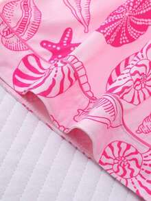 Set de 2 piezas de pijama para mujer con estampado de conchas marinas, top de manga corta con cuello y pantalones cortos de cintura elástica, conjunto de ropa de estar en casa elegante para vacaciones, fiestas y uso casual - Rosa - Ver 8