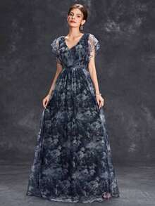 Vestido con estampado floral y mangas con volantes para mujer, vestido de madre de la novia para boda, vacaciones y primavera en color negro - Negro - Ver 7