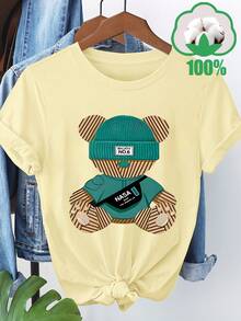 Women's Casual Short Sleeve T-Shirt With Playful Bear Print - "No" Design, Crew Neck, Lightweight And Breathable For Spring/Summer/Autumn, Ideal For Travel, Vacations And Family Outings, Travel Wear | Playful Print | Comfortable Fit, Bear T-Shirt - 杏 - 查看 1