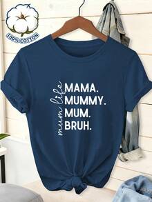 100% Purísima Short Sleeve Round Neck T-Shirt With Printed Design And Mixed Fonts, Including Words Like MAMA, MUMMY, MUM, BRUH, And The Handwritten Phrase 'Mum Life', Creating A Fun Typographic Design With A Versatile And Comfortable Fabric - 藍海 - 查看 6